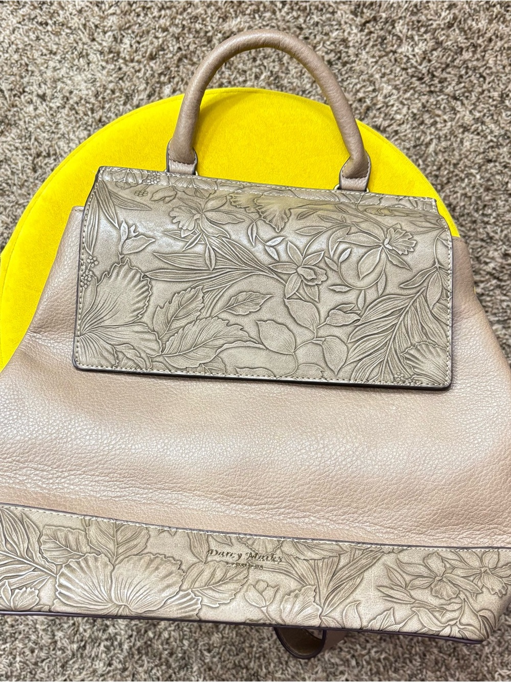 Floral Embossed Taupe Leather Satchel